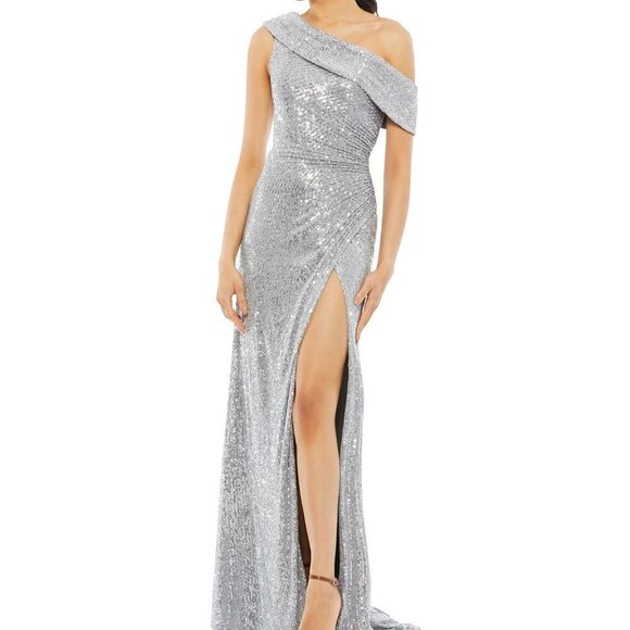 MAC Duggal NWT One Shoulder Ruched Sequined Gown in Platinum, size 10 - Picture 1 of 10